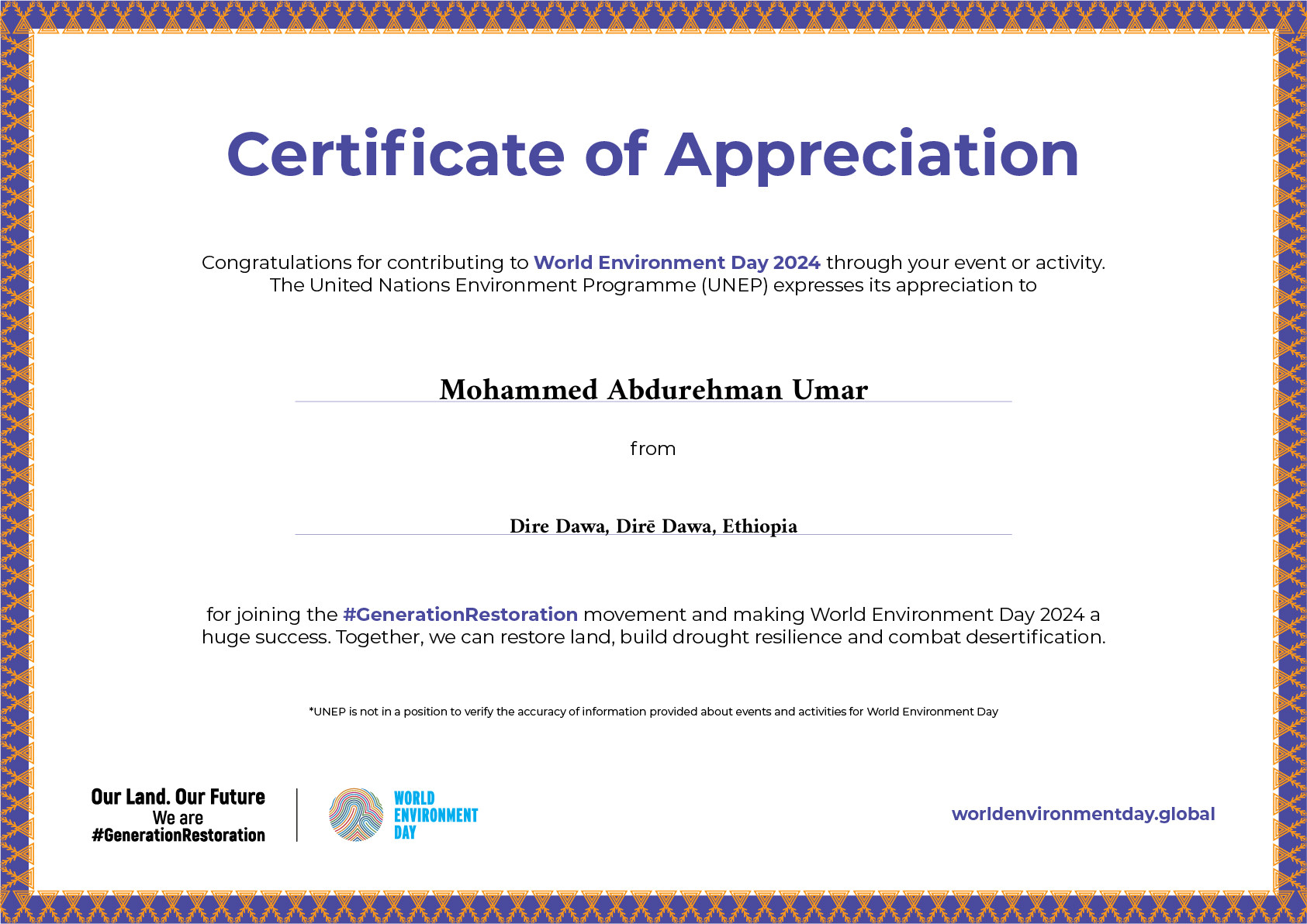 Award Certificate of Appreciation