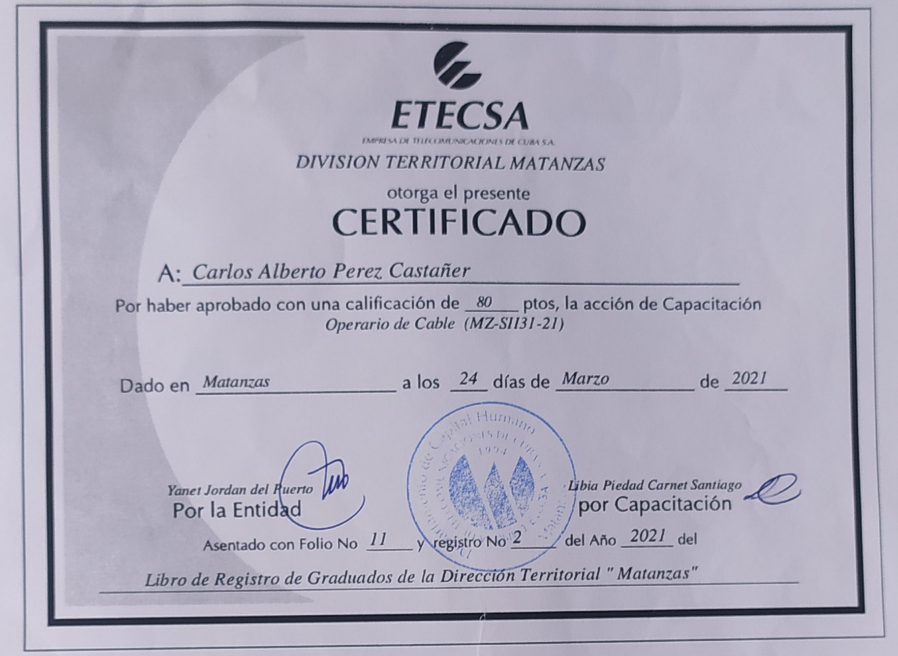 Certificado de Operario de Cable