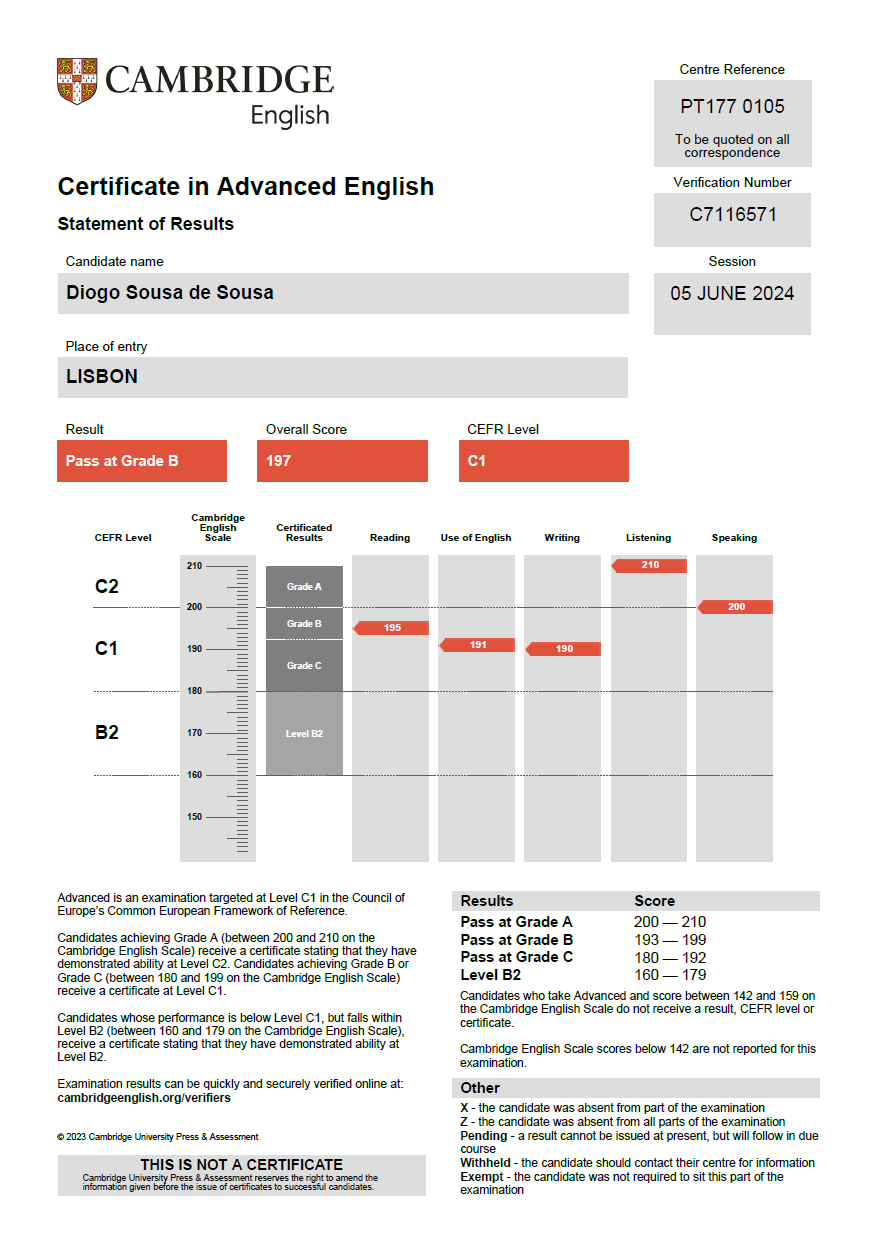 Certificate in Advanced English (CAE) - Score 197