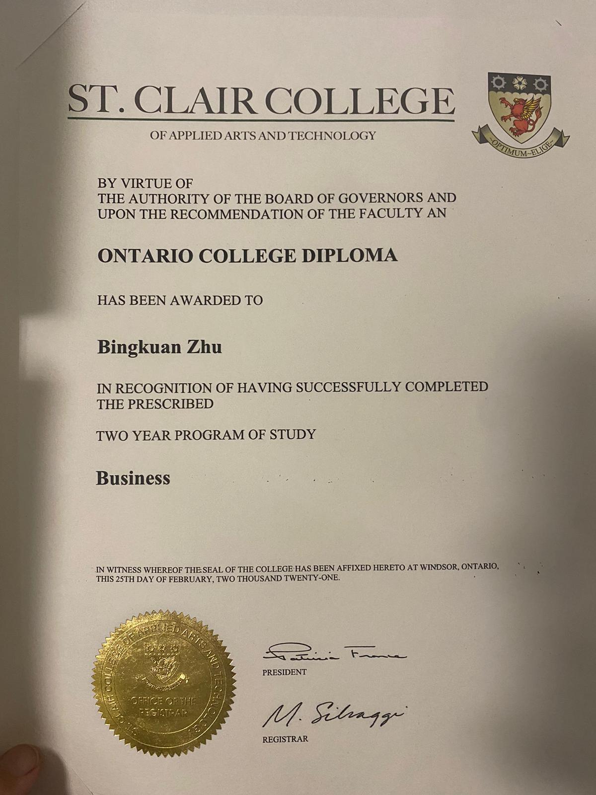 St.Clair College Diploma & Work permit