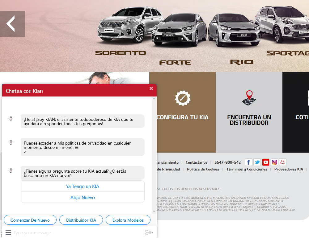 KIA USA and KIA Mexico live chat bots (With an American startup team through Crossover)
